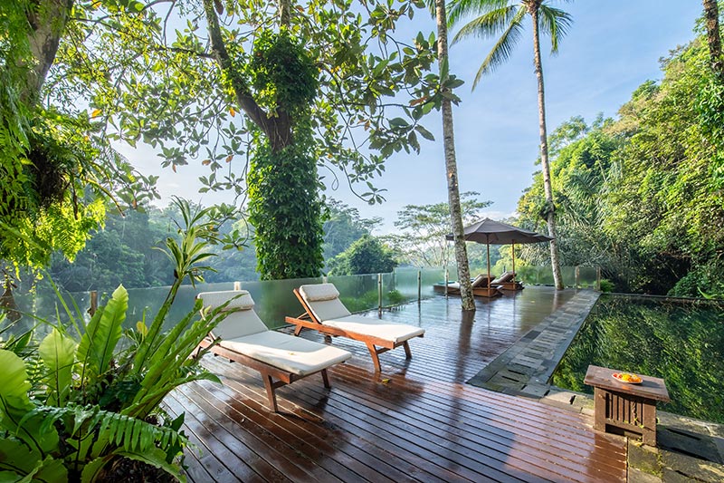 Located in the heart of a forest valley in Ubud, a remote area with lush natural views, this is Kalisha Villa. The villa doesn’t require air conditioning due to the cooler atmosphere compared to central Ubud, both during the day and at night.